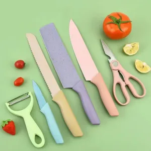 Professional Colorful Kitchen Knives Set of 6 High Carbon Stainless Steel with Non-Stick Blades for Slicing, Paring, and Cooking