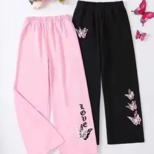 Girls Butterfly Print Wide Leg Pants Set – Cotton Summer Wear (2 Pcs)