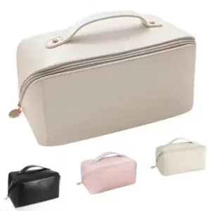 Large Capacity Cosmetic Travel Bag – Women’s Leather Makeup Organizer with Handle and Divider, Cream.