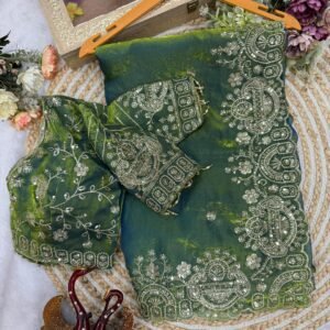 Premium Space Soft two tone silk Embroidery Thread Sequence Olive Golden Green Saree