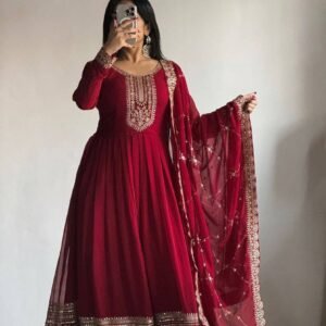 RED GEORGETTE ANARKALI EMBROIDERY SEQUENCE SUIT