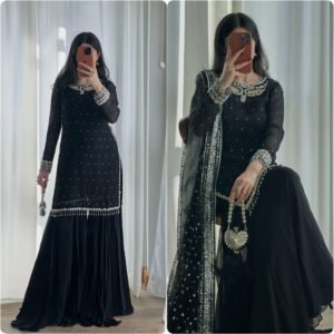 Premium Heavy Faux Georgette Embroidered Sharara Black Set