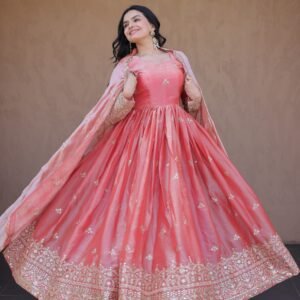 DESIGNER PREMIUM FENDY SILK PINK EMBROIDERY SEQUENCE GOWN WITH DUPATTA