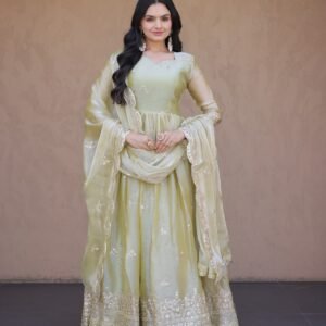 DESIGNER PREMIUM FENDY SILK PISTA GREEN EMBROIDERY SEQUENCE GOWN WITH DUPATTA