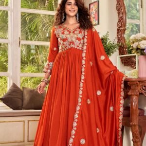 New Vichitra Silk Rust Red Gown With Dupatta