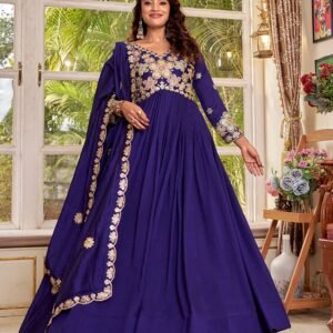 New Vichitra Silk Navy Blue Gown With Dupatta
