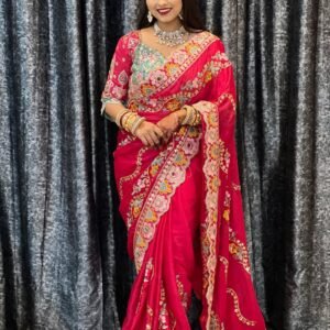 Premium Rangoli Silk Embroidered Light Light Pink  Saree with Designer Stitched Blouse