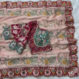 Premium Rangoli Silk Embroidered Peach Magenta Saree with Designer Stitched Blouse