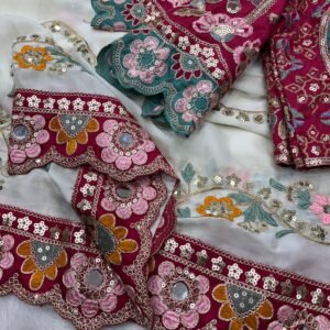Premium Rangoli Silk Embroidered White Saree with Designer Stitched Blouse