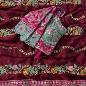 Premium Rangoli Silk Embroidered Maroon Saree with Designer Stitched Blouse