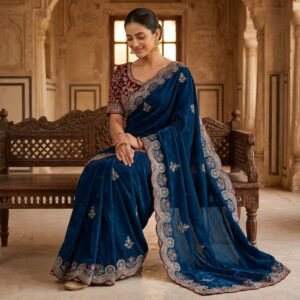 Premium Fendy Satin Embroidered Dark Blue Saree with Fully Stitched Designer Blouse
