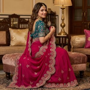 Premium Fendy Satin Embroidered Rani Pink Saree with Fully Stitched Designer Blouse