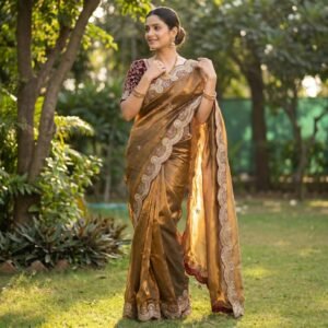 Premium Fendy Satin Embroidered Copper Saree with Fully Stitched Designer Blouse