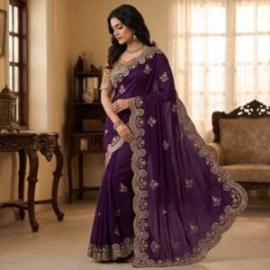 Premium Fendy Satin Embroidered Purple Saree with Fully Stitched Designer Blouse