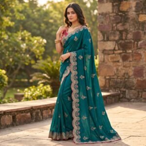Premium Fendy Satin Embroidered Green Saree with Fully Stitched Designer Blouse