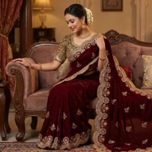 Premium Fendy Satin Embroidered Wine Red Saree with Fully Stitched Designer Blouse