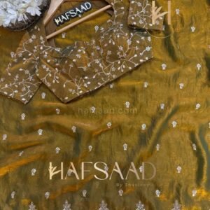 Premium Fendy Chiffon Olive Gold Saree with Sequins Zari Work