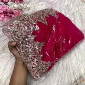 Premium Fendy Chiffon Rani Pink Saree with Sequins Zari Work