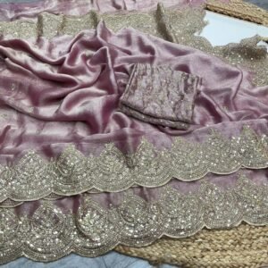 Premium Fendy Chiffon Pink Saree with Sequins Zari Work