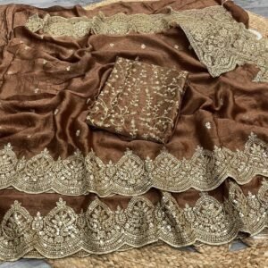 Premium Fendy Chiffon Brown Saree with Sequins Zari Work