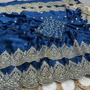Premium Fendy Chiffon Royal Blue with Sequins Zari Work