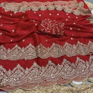 Premium Fendy Chiffon Red Saree with Sequins Zari Work