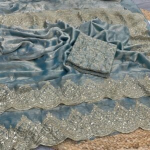 Premium Fendy Chiffon Metallic Grey with Sequins Zari Work