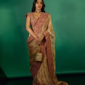 Elegant Embroidered Georgette Champaign gold Saree with Rich Red Contrast Blouse