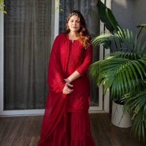 Designer Embroidered Red Rayon Kurti Sharara Set