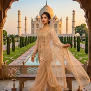 Premium Heavy Net Indo-Western Sequins Beige Gold Embroidered Palazzo Set