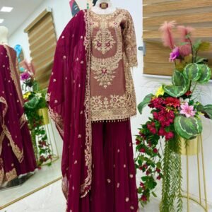 Designer Embroidered Red Wine Kurti Palazzo Set