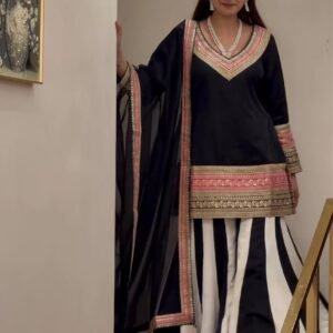 Elegant Designer Sharara Suit Set Black And White