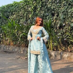 Elegant Mirror Work Aquatic Blue Salwar Suit 4pcs Set