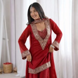 Elegant Red Mirror Work Salwar Suit 4pcs Set