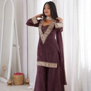 Elegant Mirror Work Purple Salwar Suit 4pcs Set