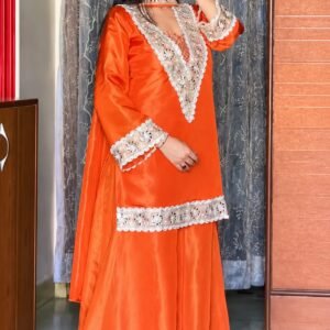 Elegant Mirror Work Orange Salwar Suit 4pcs Set