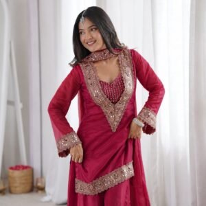 Elegant Mirror Work Rani Pink Salwar Suit 4pcs Set