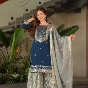 Embroidered Blue Grey Top Palazzo Dupatta Set