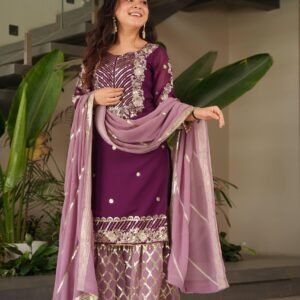 Embroidered Magenta Top Palazzo Dupatta Set