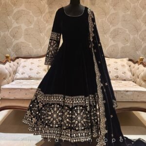 Designer Chinon Silk Embroidered Black Gown Set with Pant & Dupatta