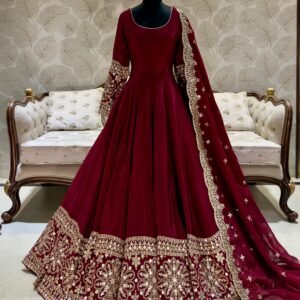 Designer Chinon Silk Embroidered Red Wine Gown Set with Pant & Dupatta