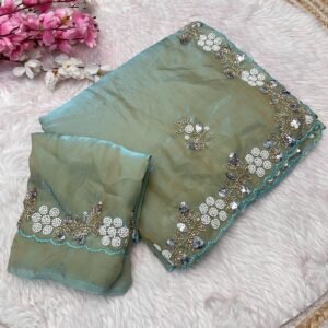 Premium Fandy Satin Silk Olive Green Saree