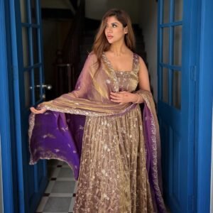 Premium Pure Fendy Silk Embroidered Purple Gown Set with Dupatta