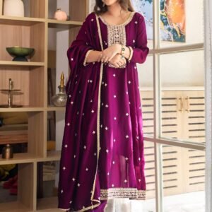 Elegant Vichitra Silk Embroidered Purple Kurta Set with Dupatta