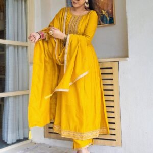 Elegant Vichitra Silk Embroidered Yellow Kurta Set with Dupatta