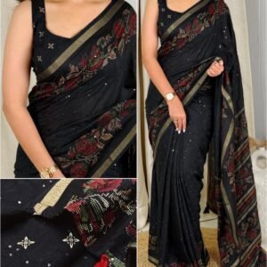 Designer Kashmiri Style Printed Black Mul Cotton Saree