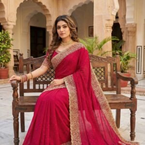 Premium Blooming Vichitra Rani Pink  Embroidered Saree