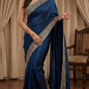 Premium Blooming Vichitra Royal Blue Embroidered Saree