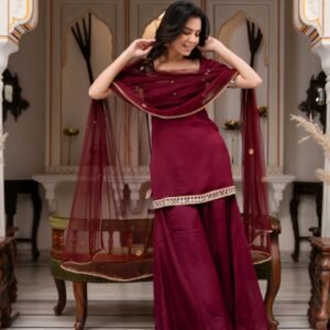 Elegant Wine Faux Georgette Kurti Plazzo Set with Dupatta