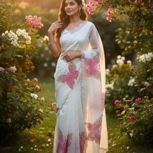 Pure Organza White Handwork Saree With Paint and Multicolour Pearl work